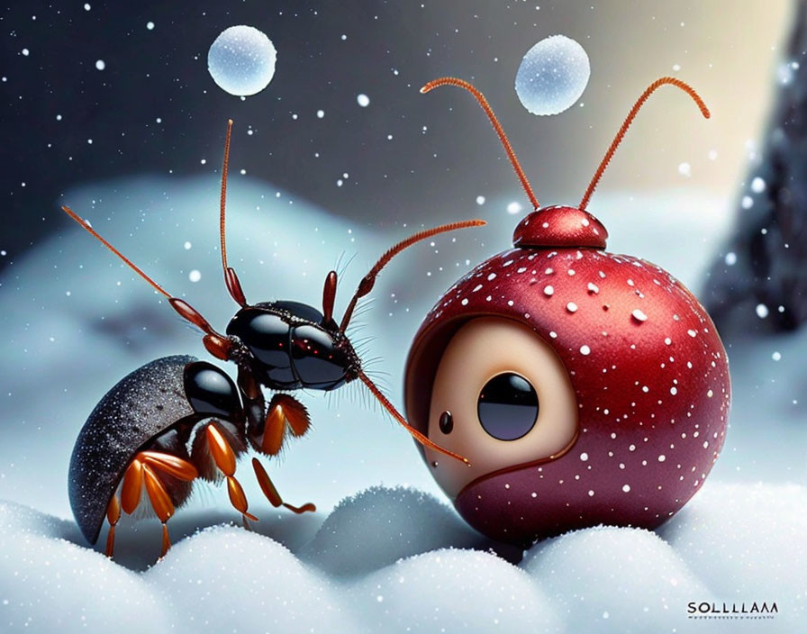 Animated image of ant and cute creature with ladybug-like shell in snowy landscape