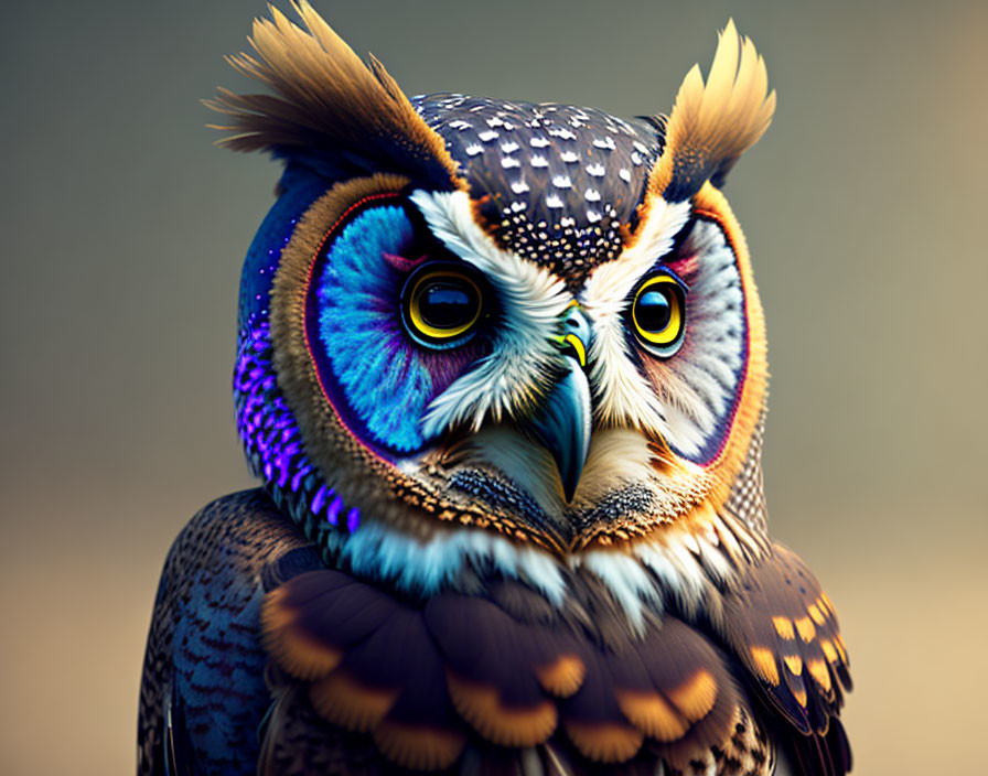 Vibrant owl digital artwork with blue and orange feathers