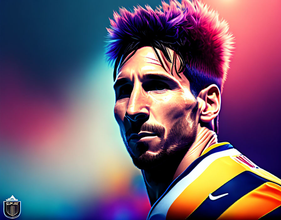 Colorful digital artwork of a soccer player with spiky hair in blue and orange kit.