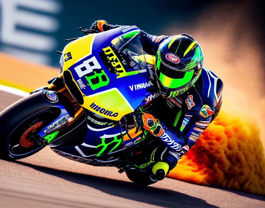 Motorcyclist in Blue and Green Racing Suit Leans into Sharp Turn on Track