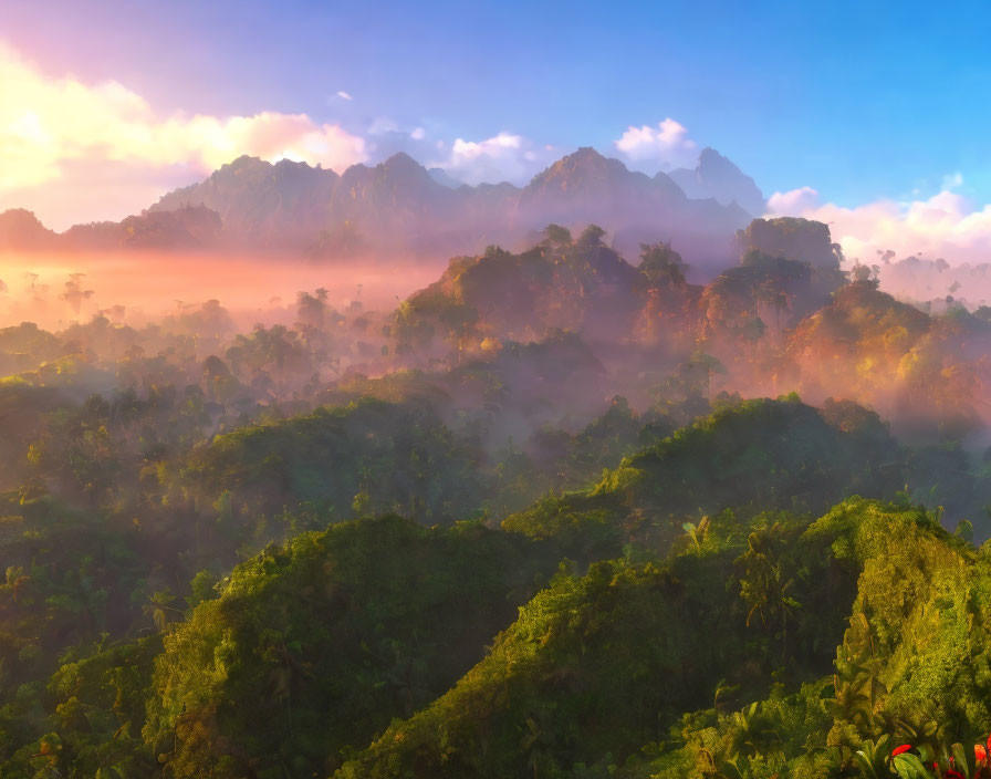 Scenic misty sunrise over lush green rainforest