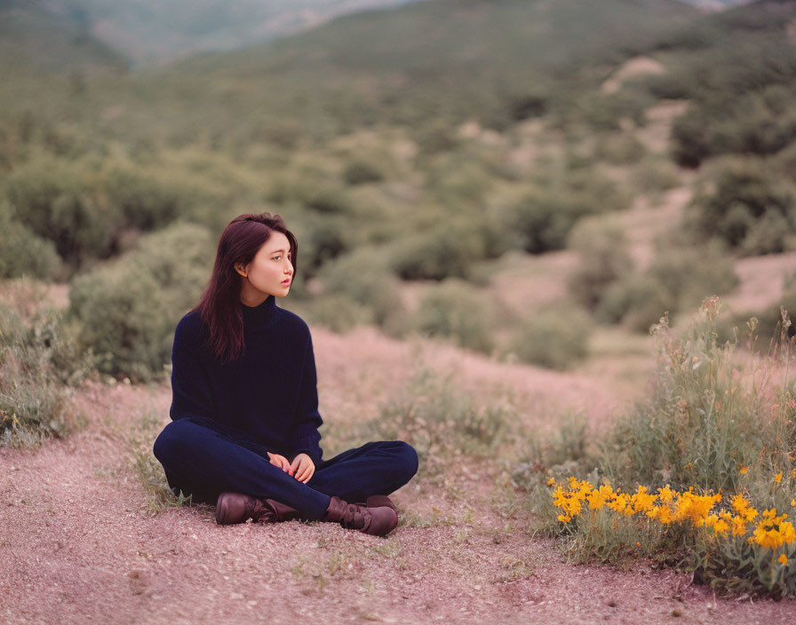 Person sitting cross-legged near yellow flowers in green landscape