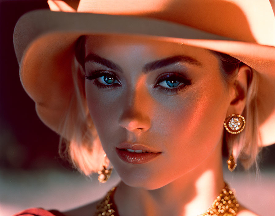 Blonde woman in wide-brimmed hat with ornate accessories in warm lighting