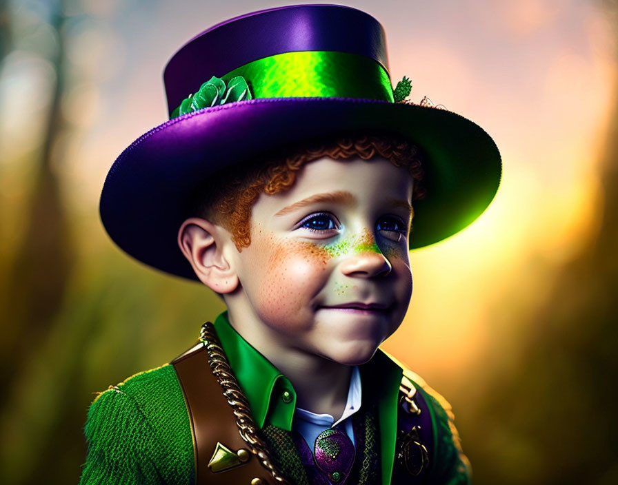 Smiling child with red hair in festive attire against sunset backdrop