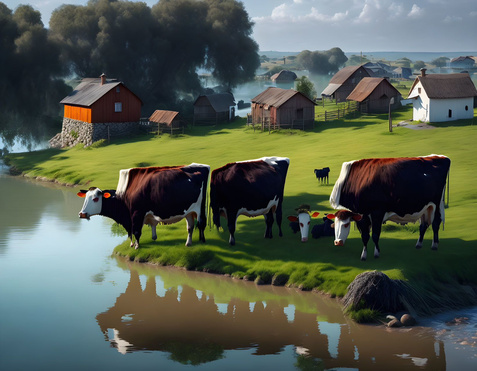 Cows grazing by serene river with traditional houses on sunny day