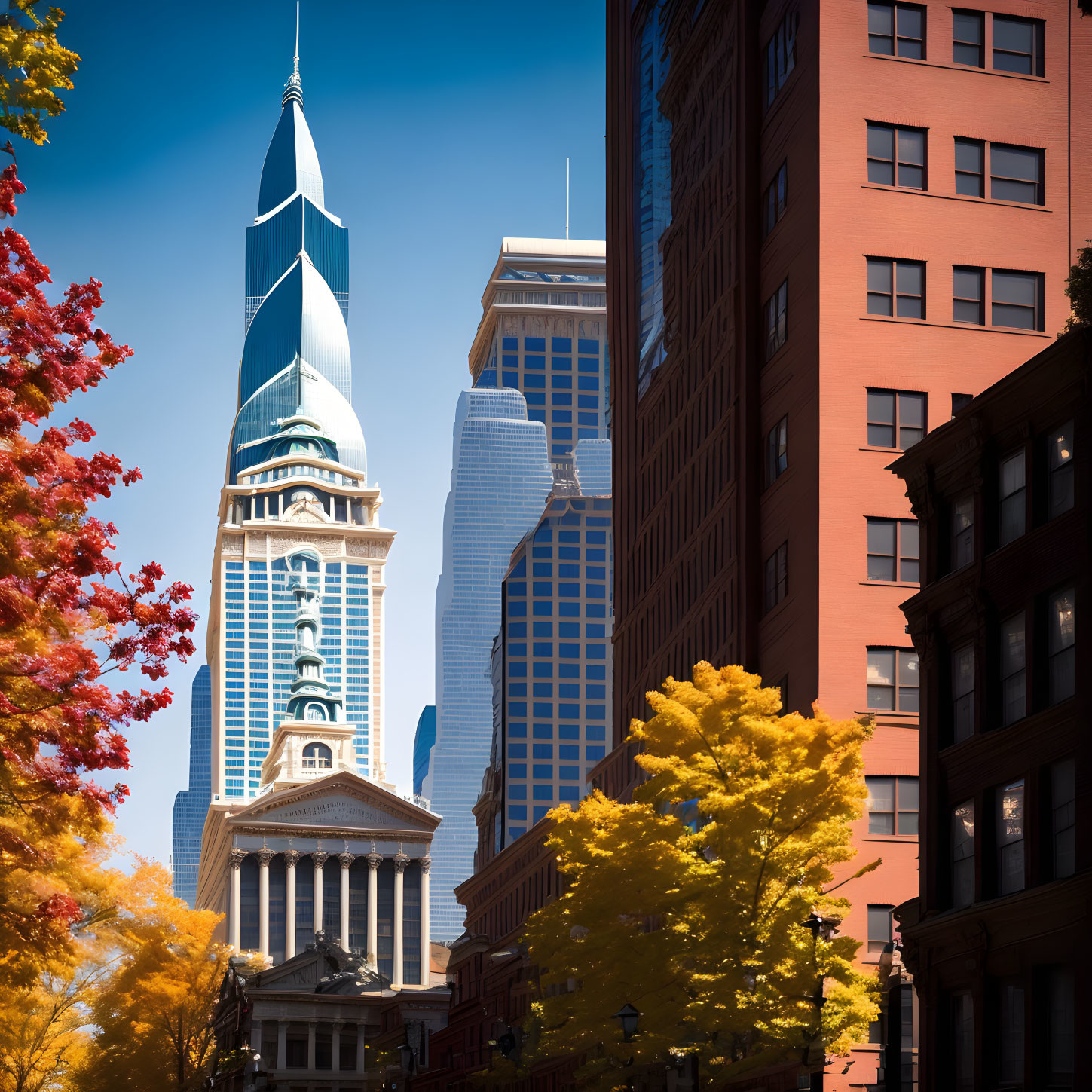 Diverse Cityscape with Modern and Classical Architecture under Blue Sky