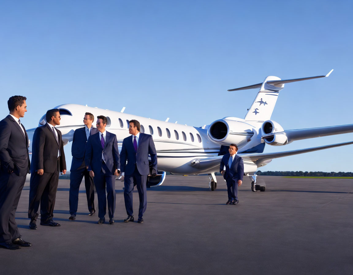 Businessmen in suits on tarmac near private jet