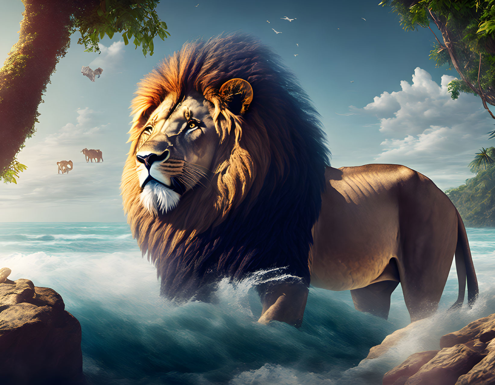 Majestic lion on rocks by the sea with jungle background