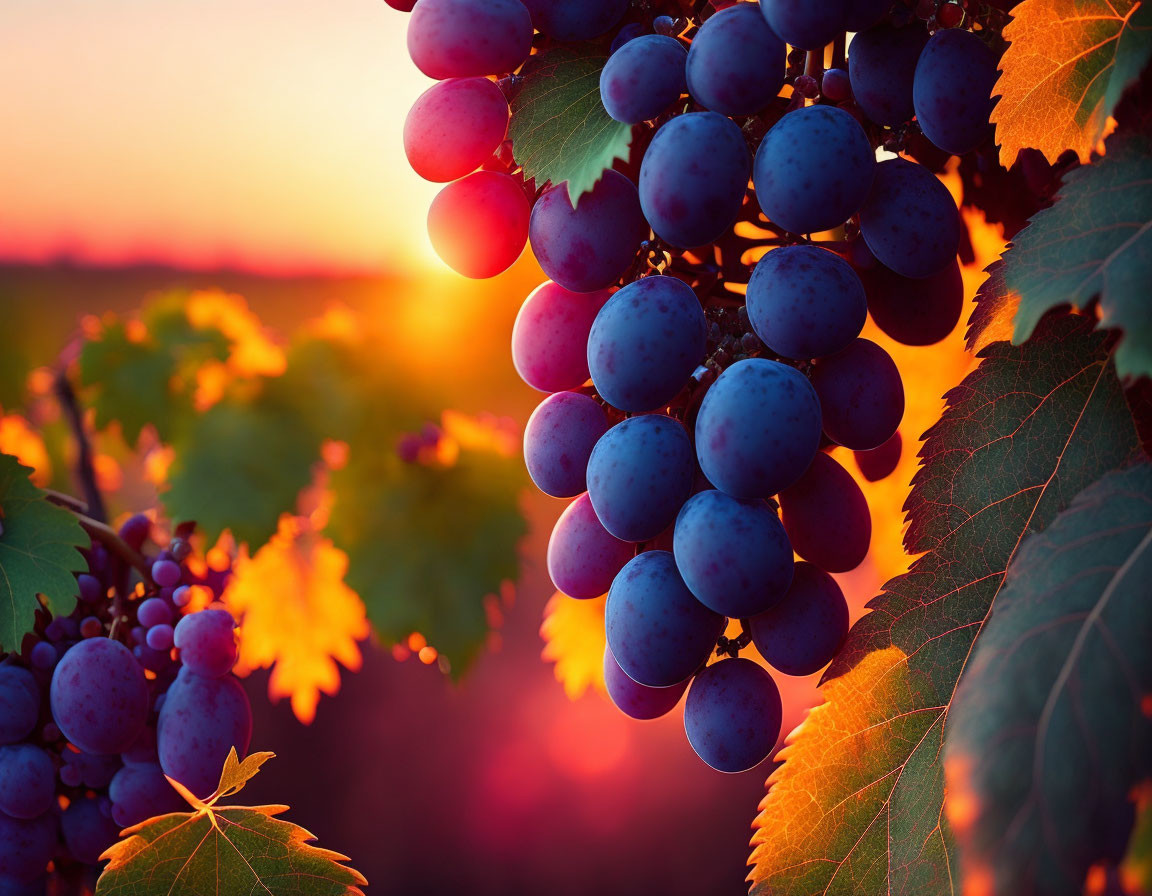 Ripe Purple Grapes on Vine at Sunset