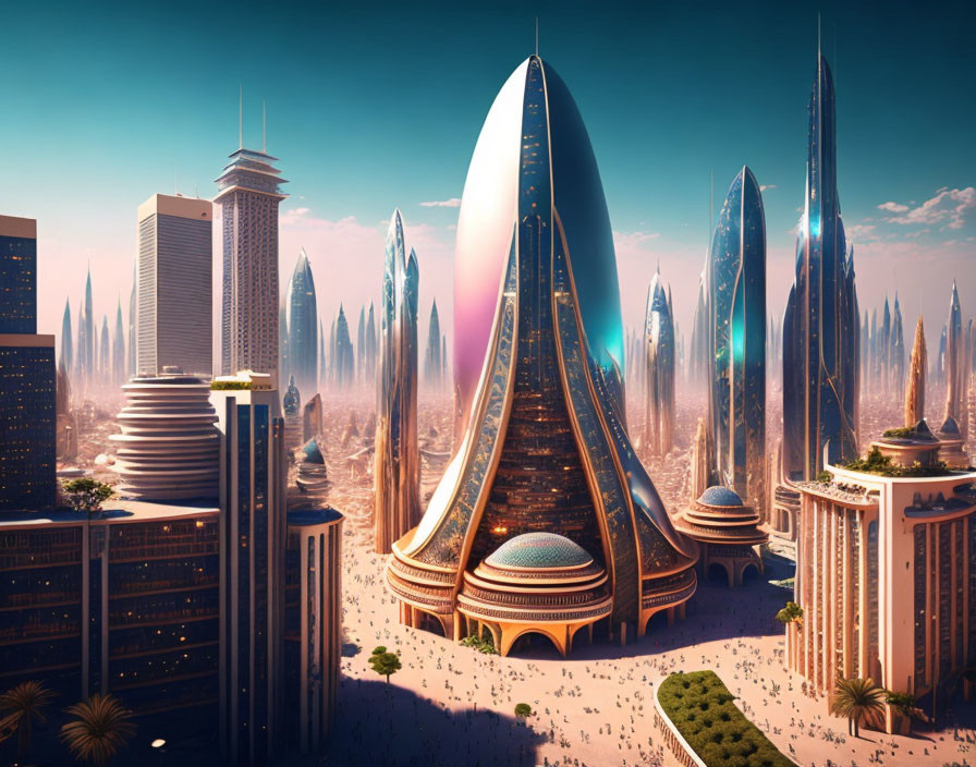 Futuristic cityscape with sleek skyscrapers and advanced architecture