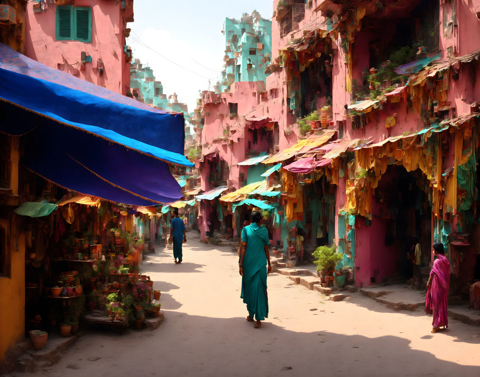 Vibrant market street with colorful buildings and shops under sunny sky