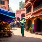 Vibrant market street with colorful buildings and shops under sunny sky