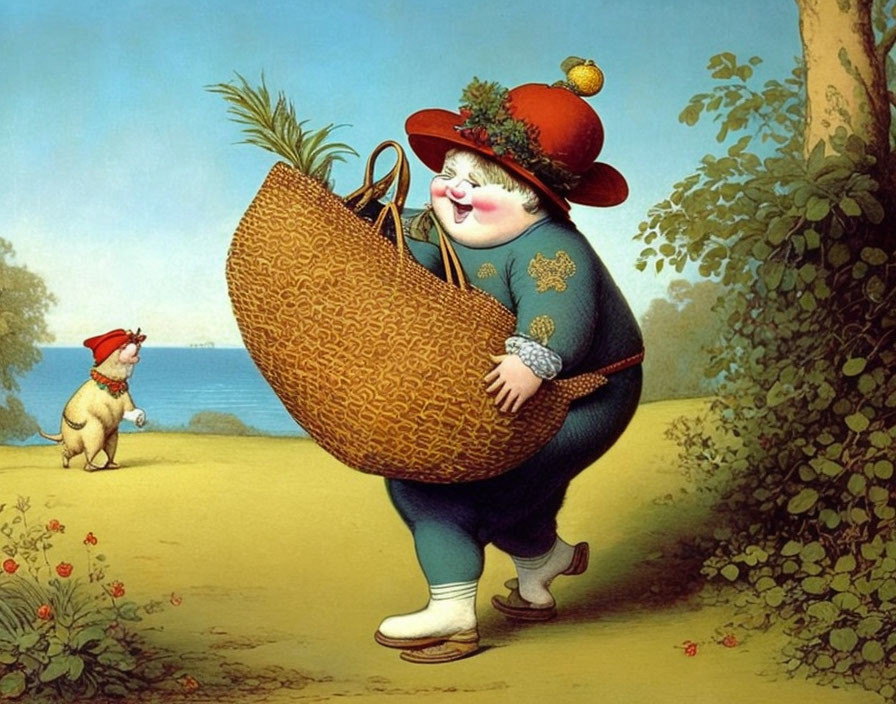 Rotund figure in blue coat and red hat with basket, accompanied by dog in cap near the sea