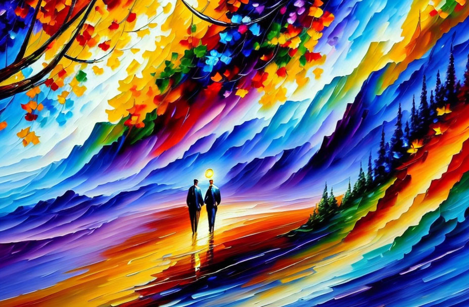 Colorful painting of two figures on swirling path with autumn leaves