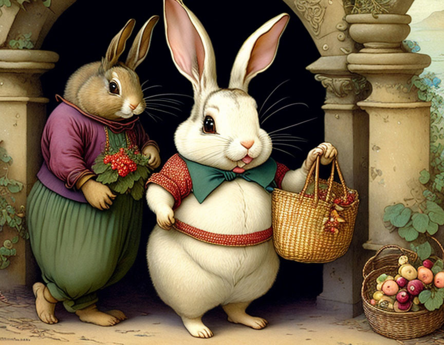 Anthropomorphic rabbits with fruit basket in clothes