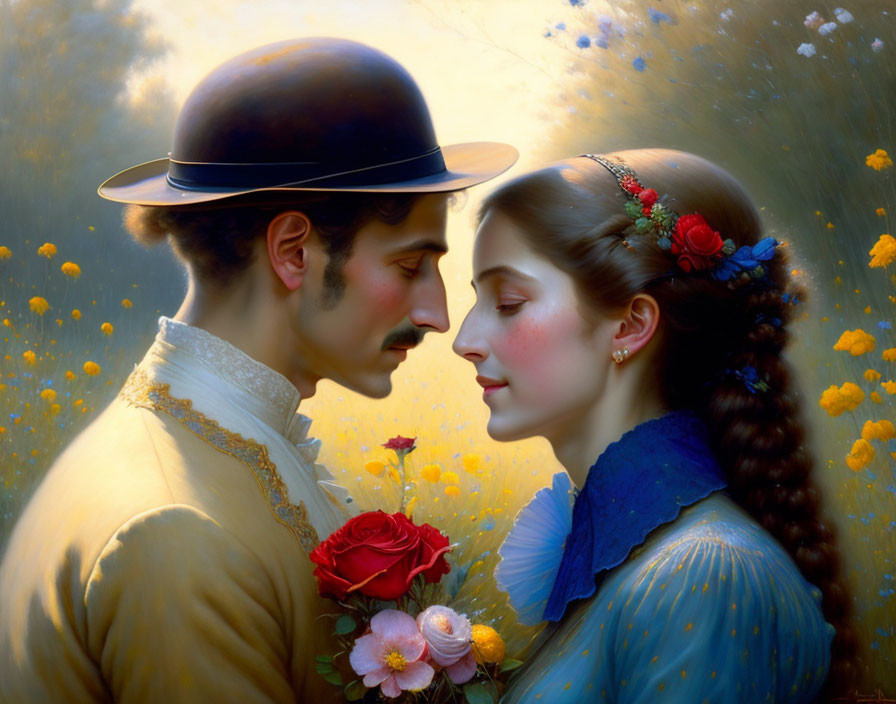 Victorian-era couple in close embrace surrounded by golden light and flowers