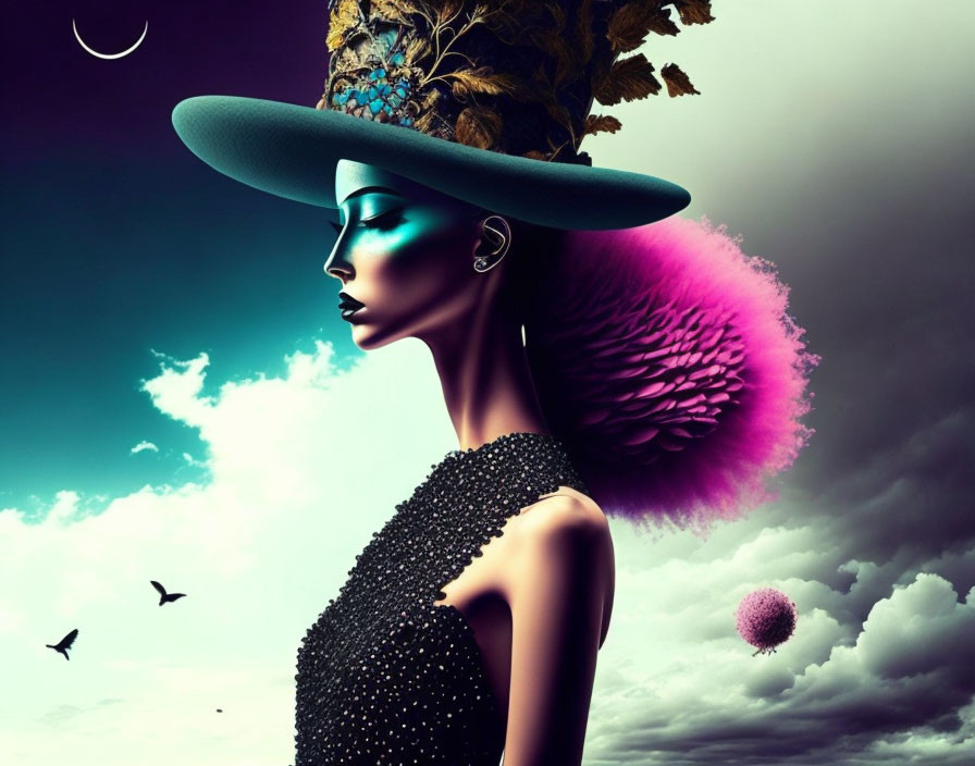 Surreal image: woman with unique hat, pink hair, dark dress, ethereal background