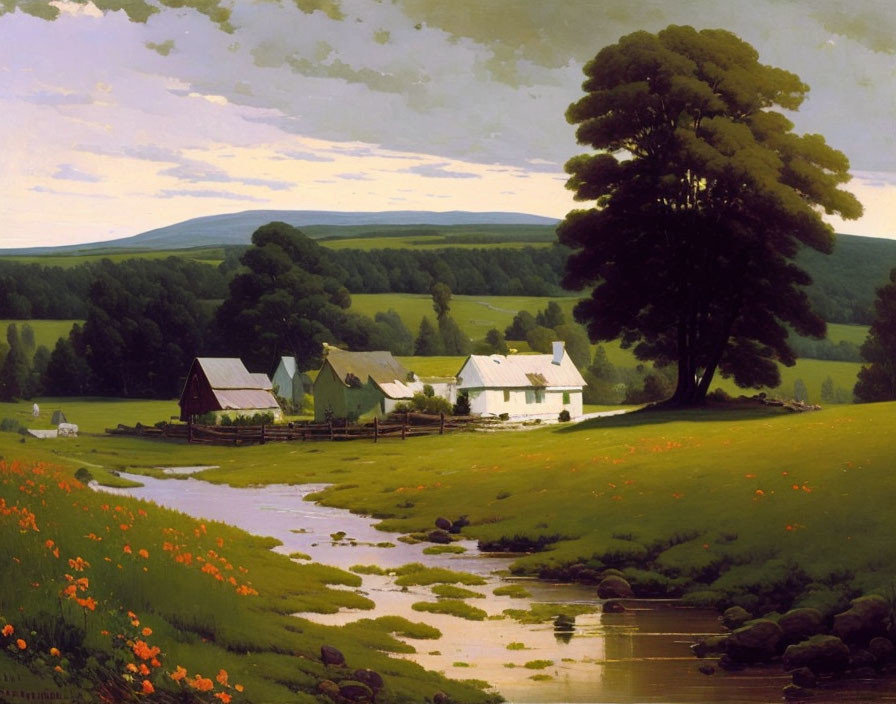 Tranquil rural landscape with stream, wildflowers, tree, and farmhouses