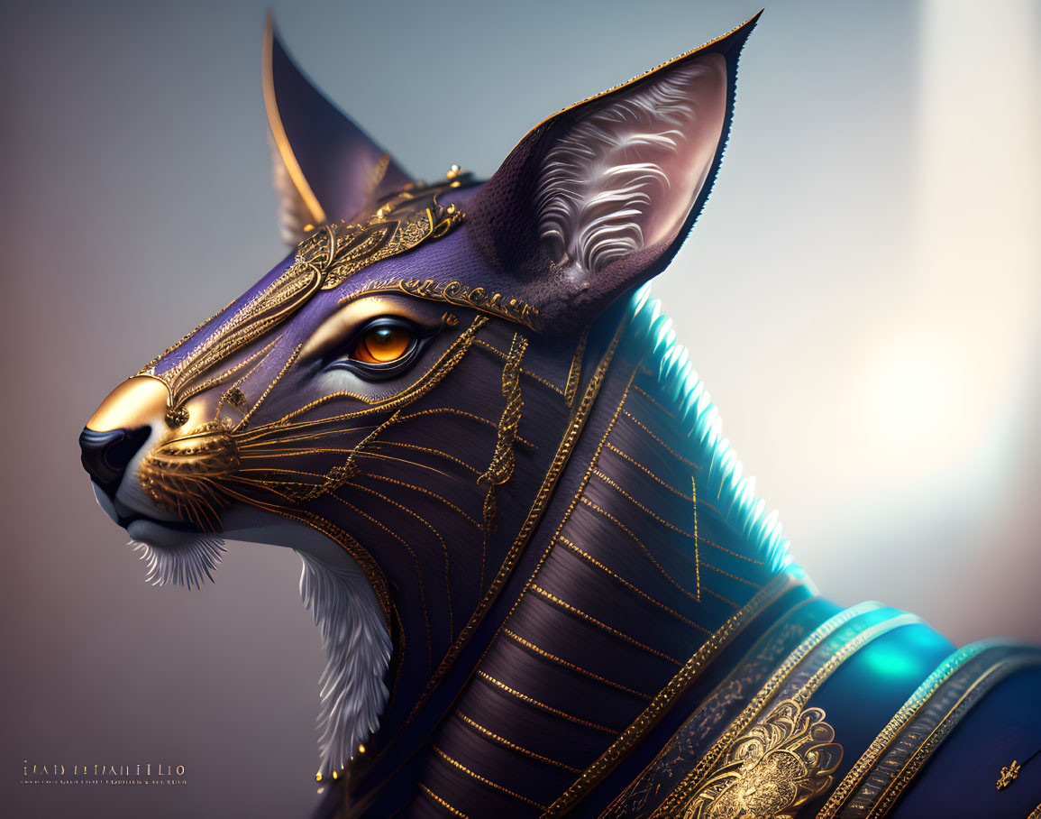 Stylized black cat with golden adornments on light background