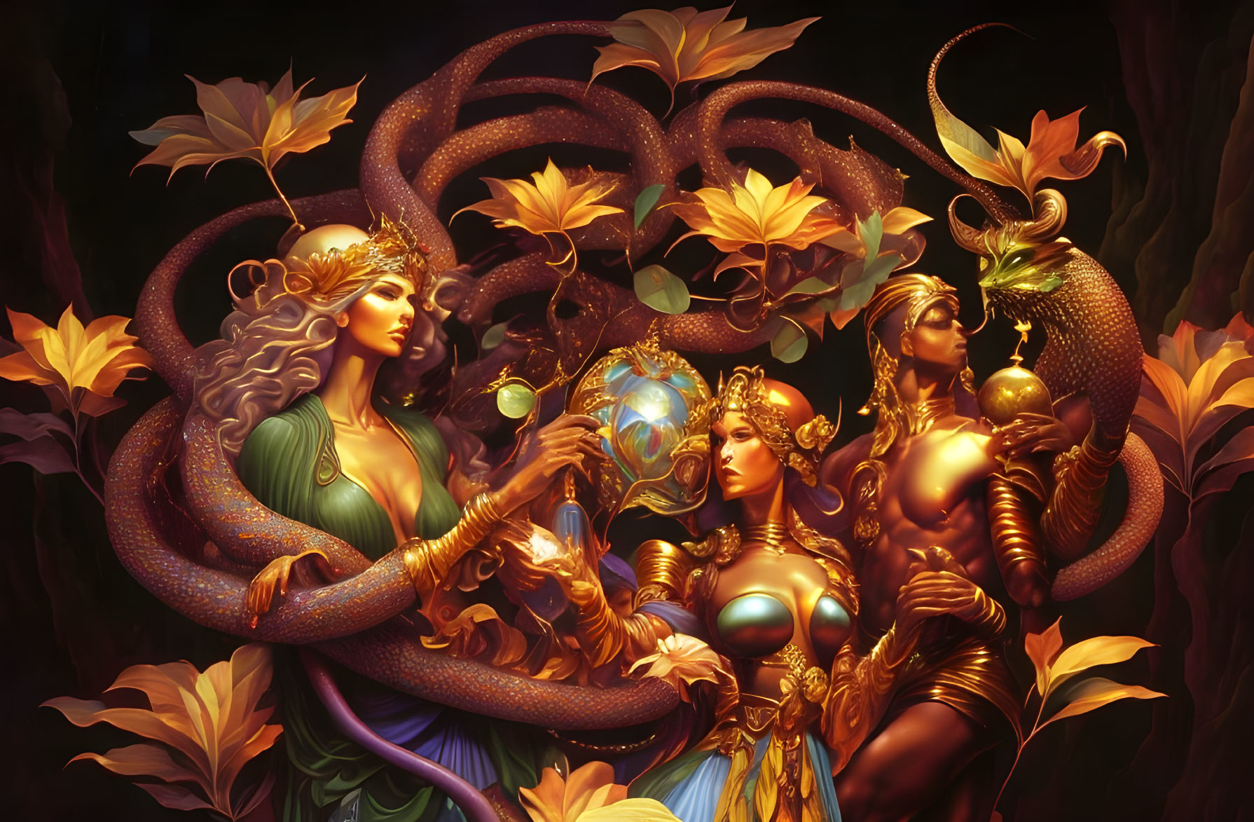 Golden-clad female figures entwined by serpents in autumn setting