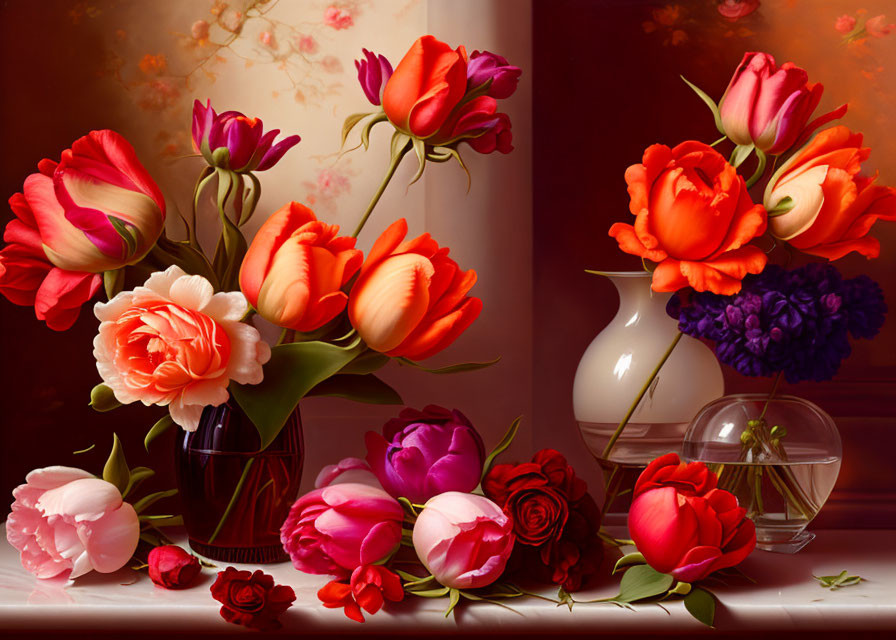 Colorful flowers in vases on dark backdrop with soft lighting