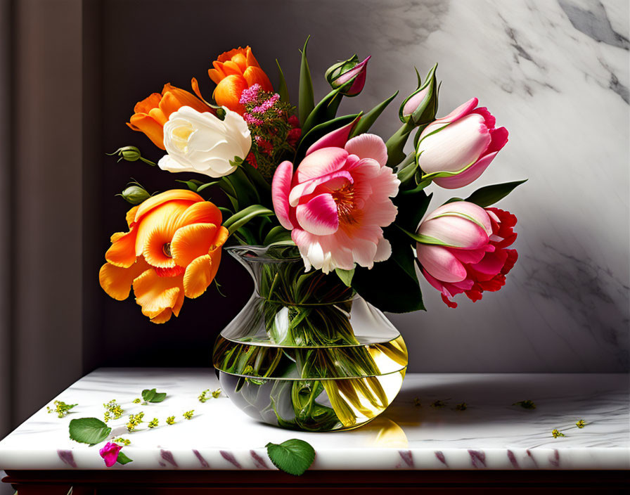 Colorful tulips and assorted flowers in clear vase on table with scattered petals, set against marble backdrop