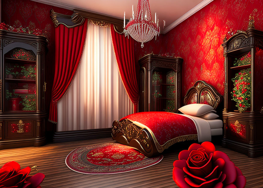 Luxurious Red-themed Bedroom with Crystal Chandelier & Rose Decor