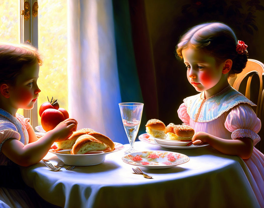 Vintage dresses: Two girls at table with bread, apple, glassware by window