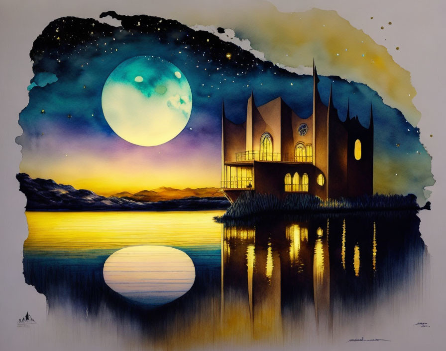 Nighttime watercolor painting: Full moon reflecting on lake with castle-like building