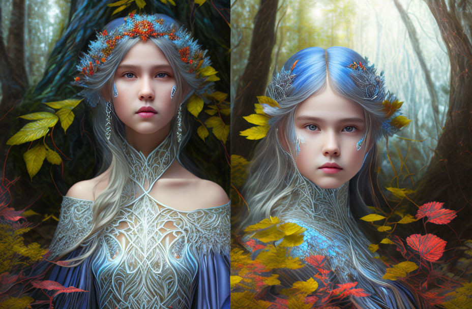 Split-screen image: Young girl with blue hair in fantasy attire, in autumnal forest with vibrant leaves