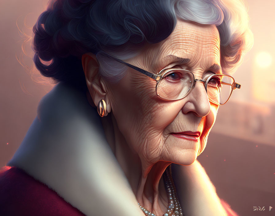 Elderly woman in burgundy jacket with white hair and glasses.