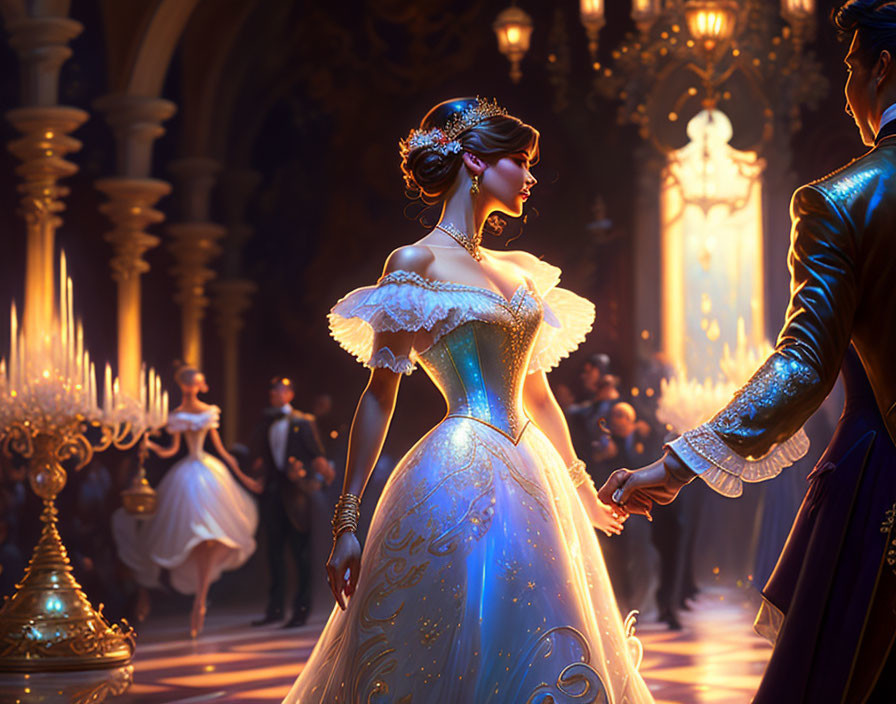 Formal attire couple dancing in opulent ballroom