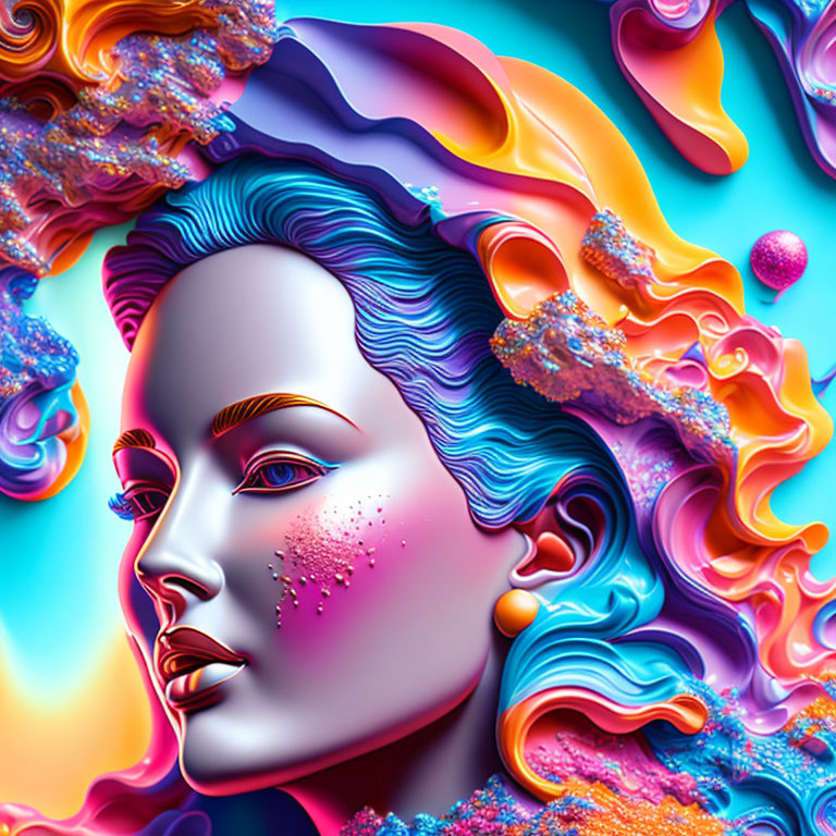 Colorful digital art: Woman's profile with flowing hair on psychedelic backdrop