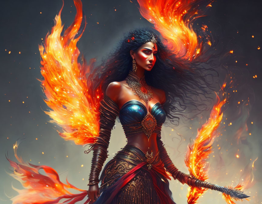 Illustrated female figure with fiery wings and ornate armor in powerful and mystique pose.