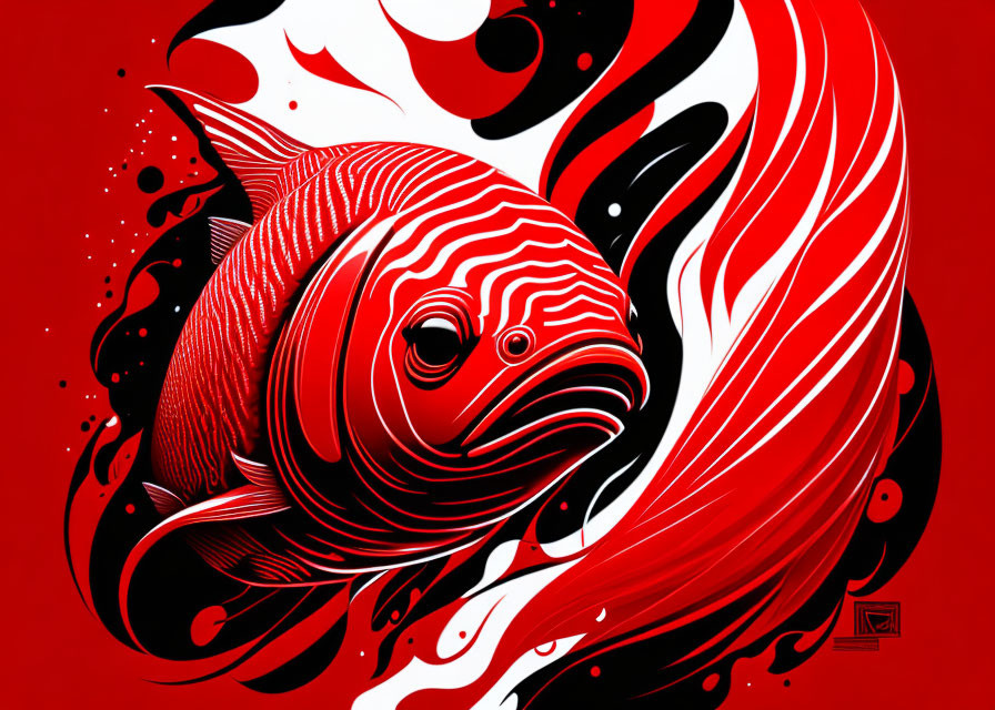 Stylized red and white koi fish illustration on red backdrop