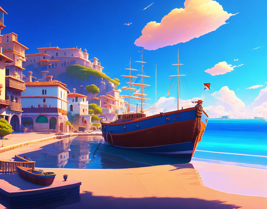 Classic ship docked near colorful coastal buildings under clear blue sky