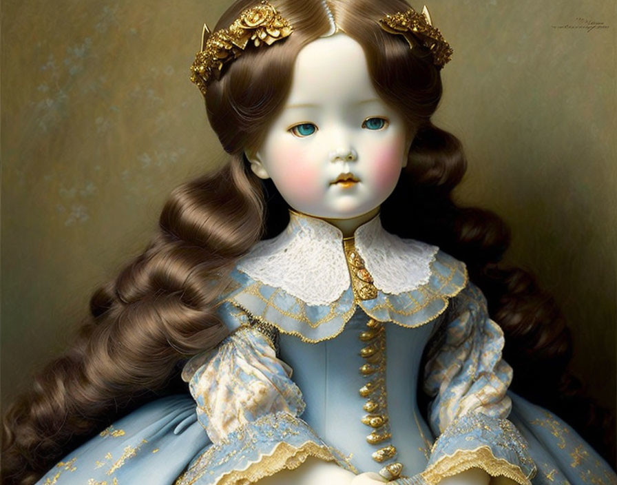 Porcelain doll with blue eyes and wavy brown hair in vintage blue dress