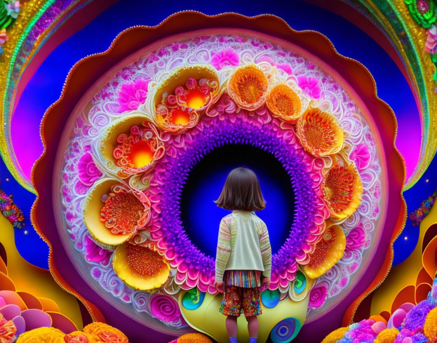 Child Standing in Front of Vibrant Floral Display with Circular Pattern