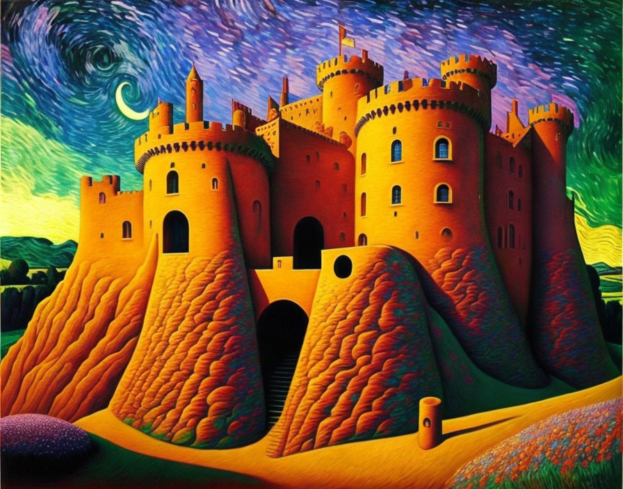 Fantastical castle painting with vibrant colors & swirling patterns