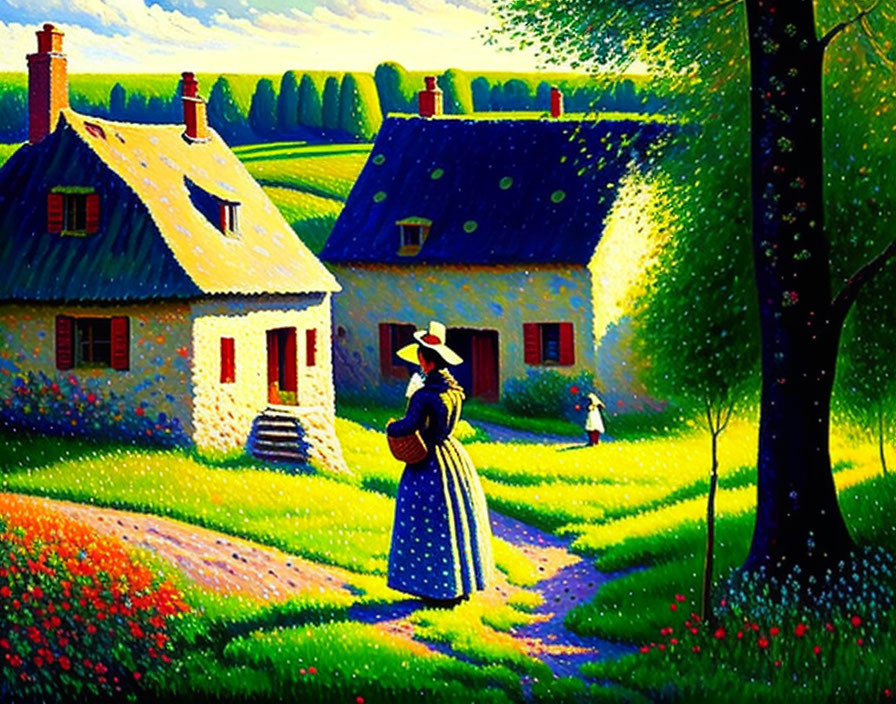 Woman in period clothing walking towards thatched-roof cottages in vibrant painting