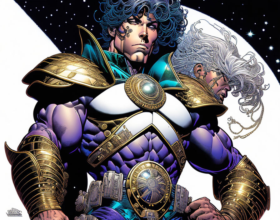 Muscular superhero in blue and gold armor with white hair on starry background