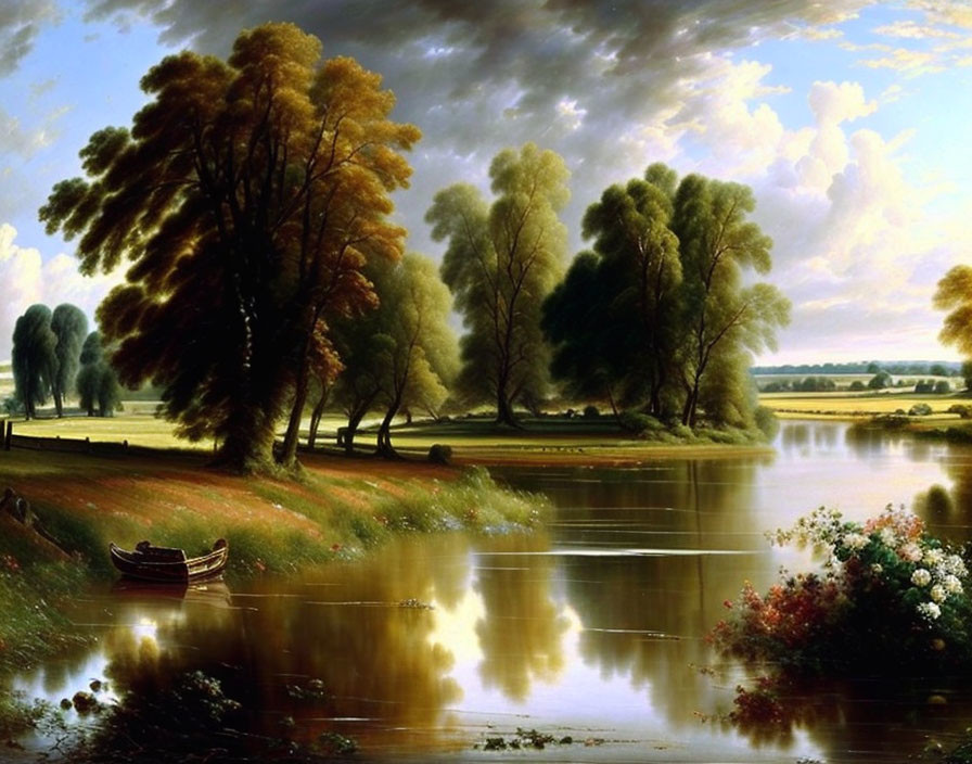 Tranquil river landscape with trees, boat, reflections, and dramatic cloudy skies