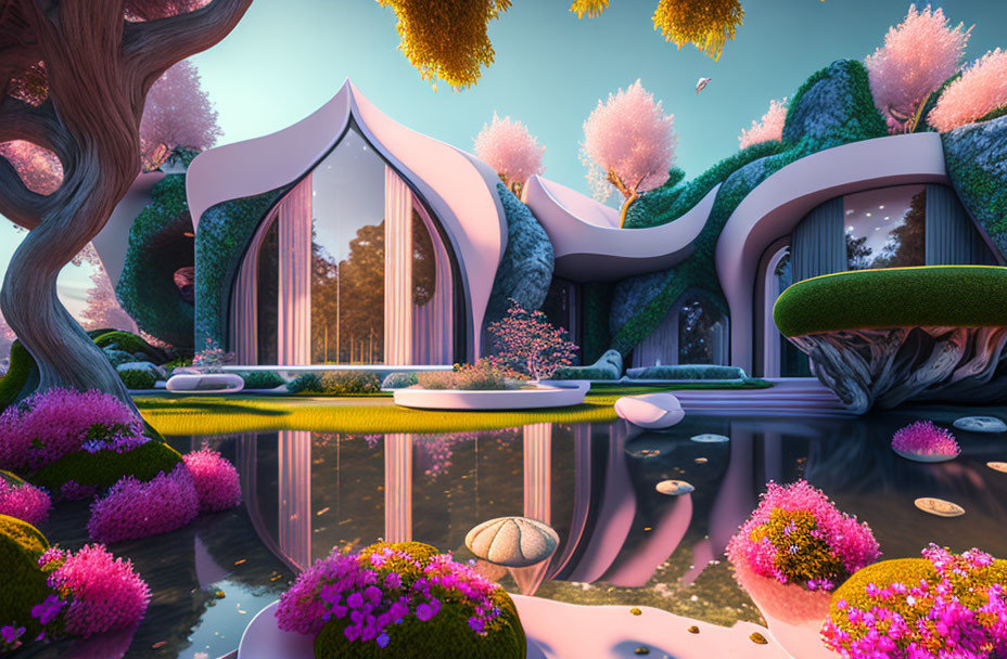 Fantastical landscape with whimsical buildings and vibrant flora