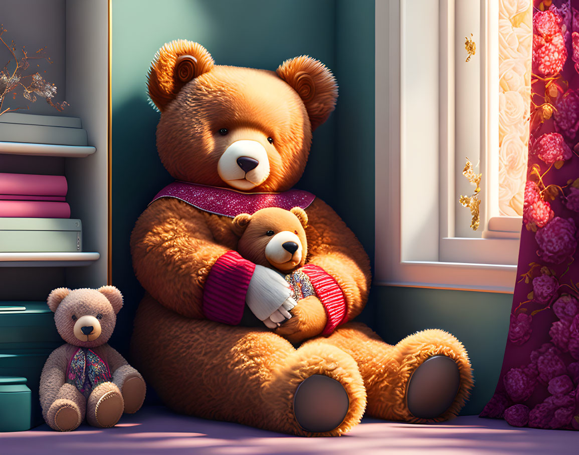 Plush Teddy Bear Holding Smaller Bear by Sunlit Window