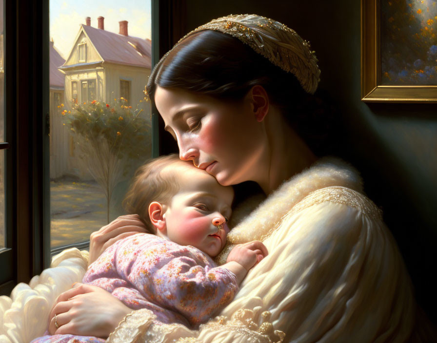 Historical painting of woman with sleeping baby by window