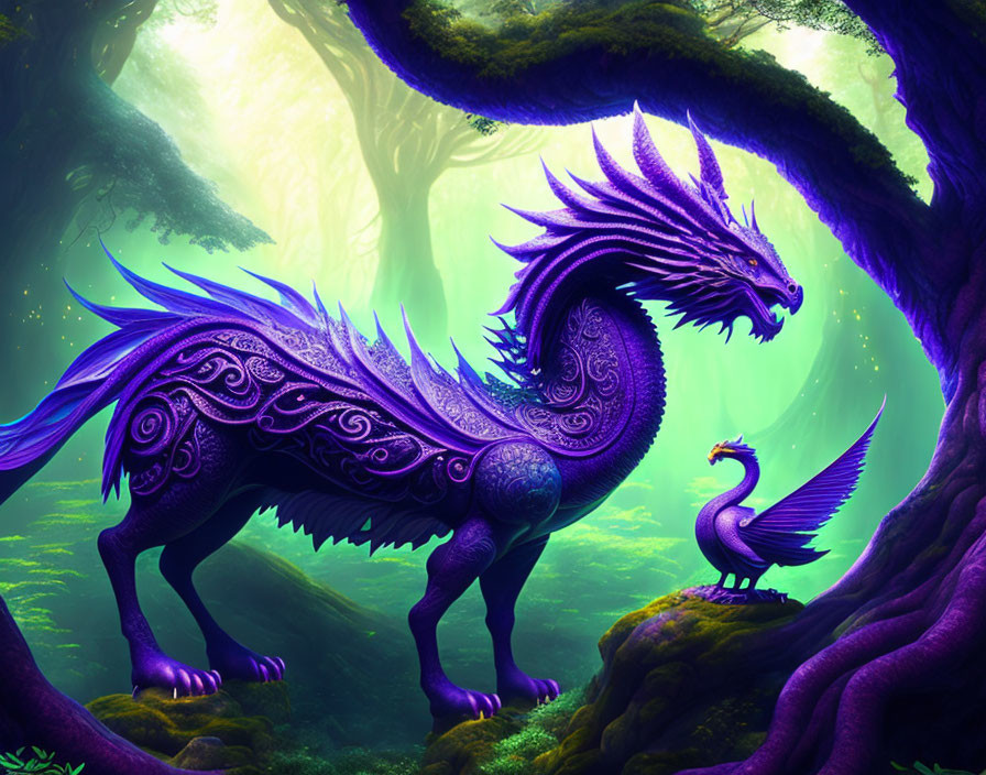 Purple and green dragons in enchanted forest setting