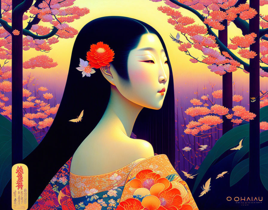 Colorful illustration of serene woman with black hair and red flower in traditional garment.