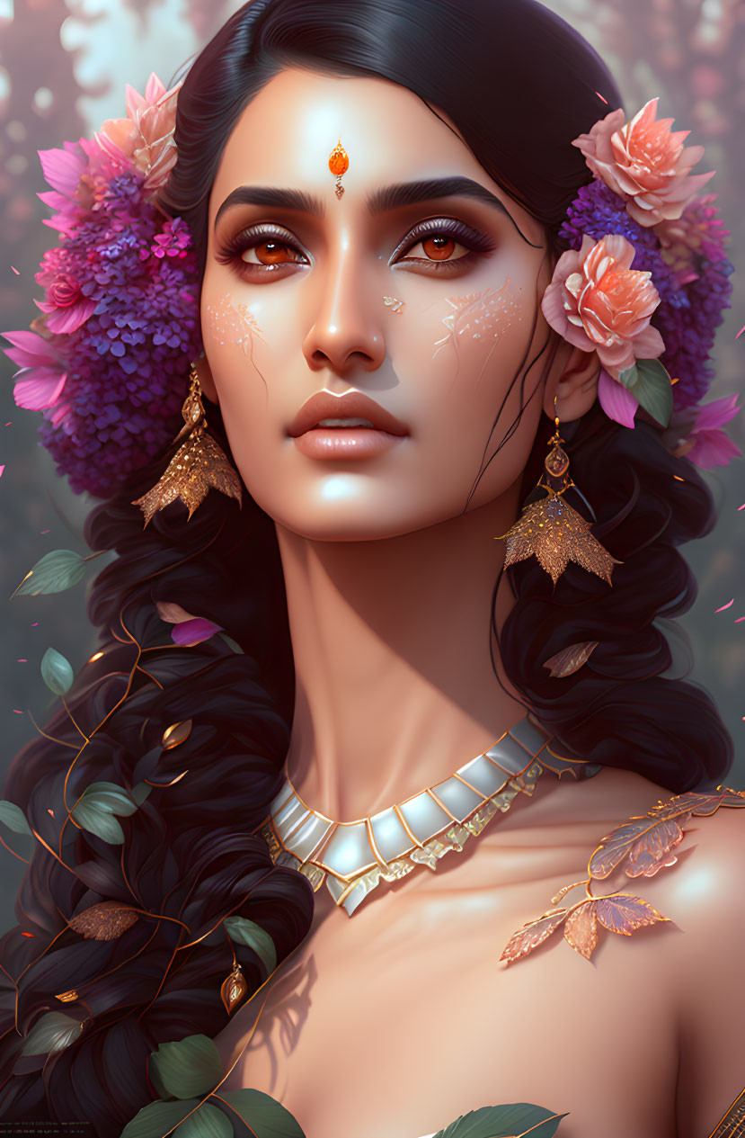 Illustration: Woman with long black hair, adorned with vibrant flowers, jewelry, and delicate face markings