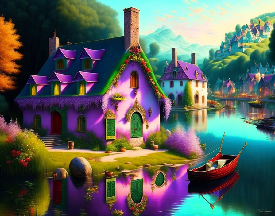 Vibrant purple house by serene lake with red boat - picturesque village in background