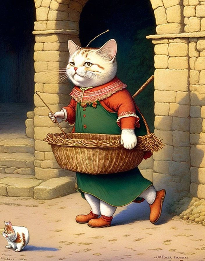 Anthropomorphic cat in traditional attire with basket and walking stick next to archway.